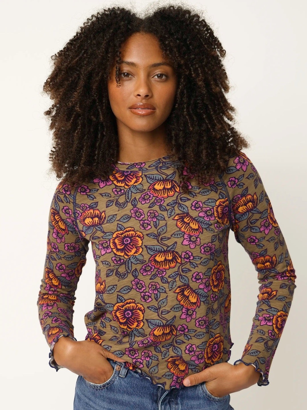 NATURAL LIFE Olive Floral Long Sleeve Tee with Orange and Purple Flowers NWT